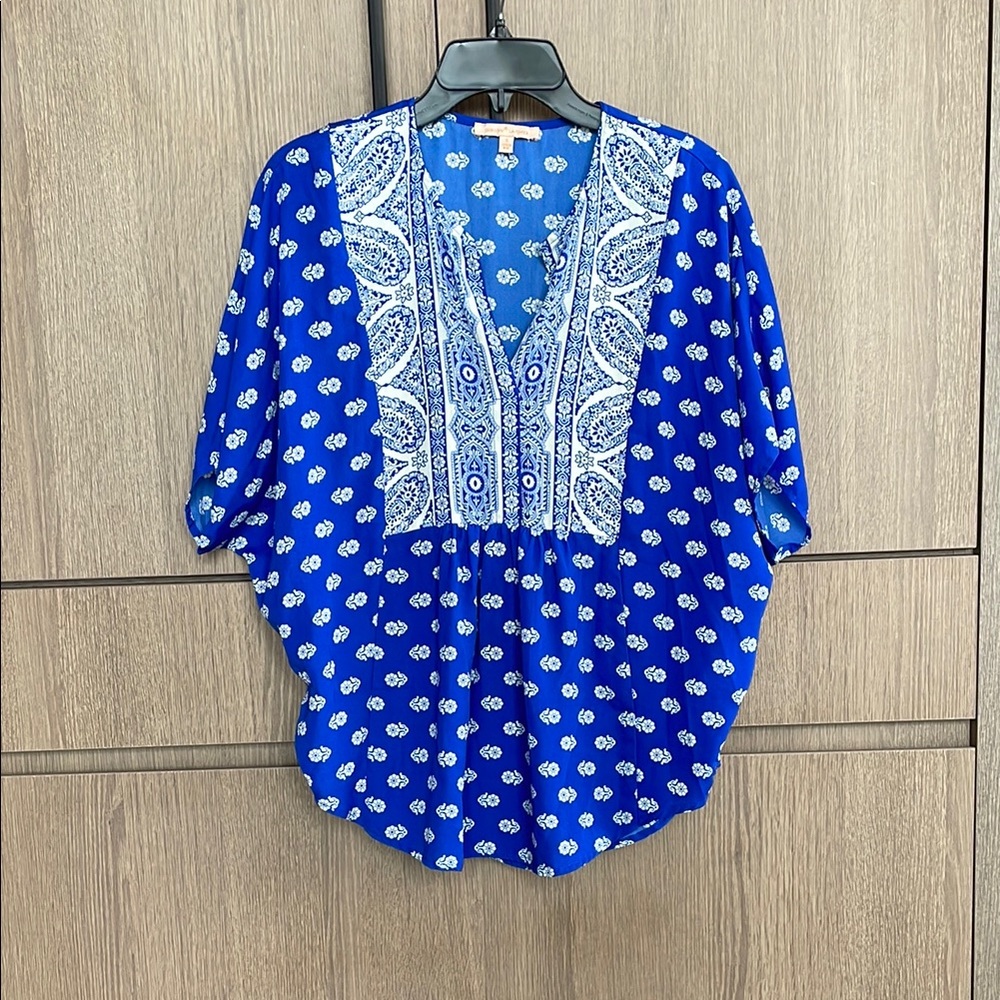 Blue White Mosaic Pattern Print Top - Oversized Boho Blouse - Gibson Latimer